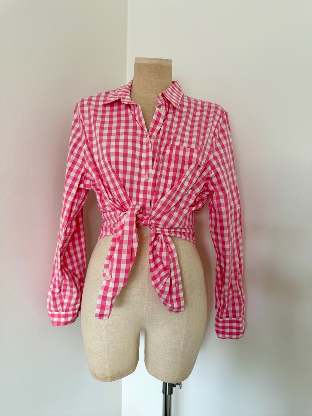 J. Crew Pink Gingham Tie-Front Button-Down Shirt